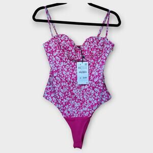 NEW With TAGS - Womens ZARA Pink White Flowered Spaghetti Strap BodySuit Size XS